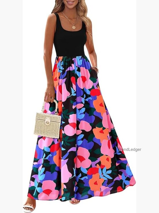 Dresses & Skirts - Boho Floral Maxi Dress Sleeveless Scoop Neck A-Line Flowy Summer Sundress with